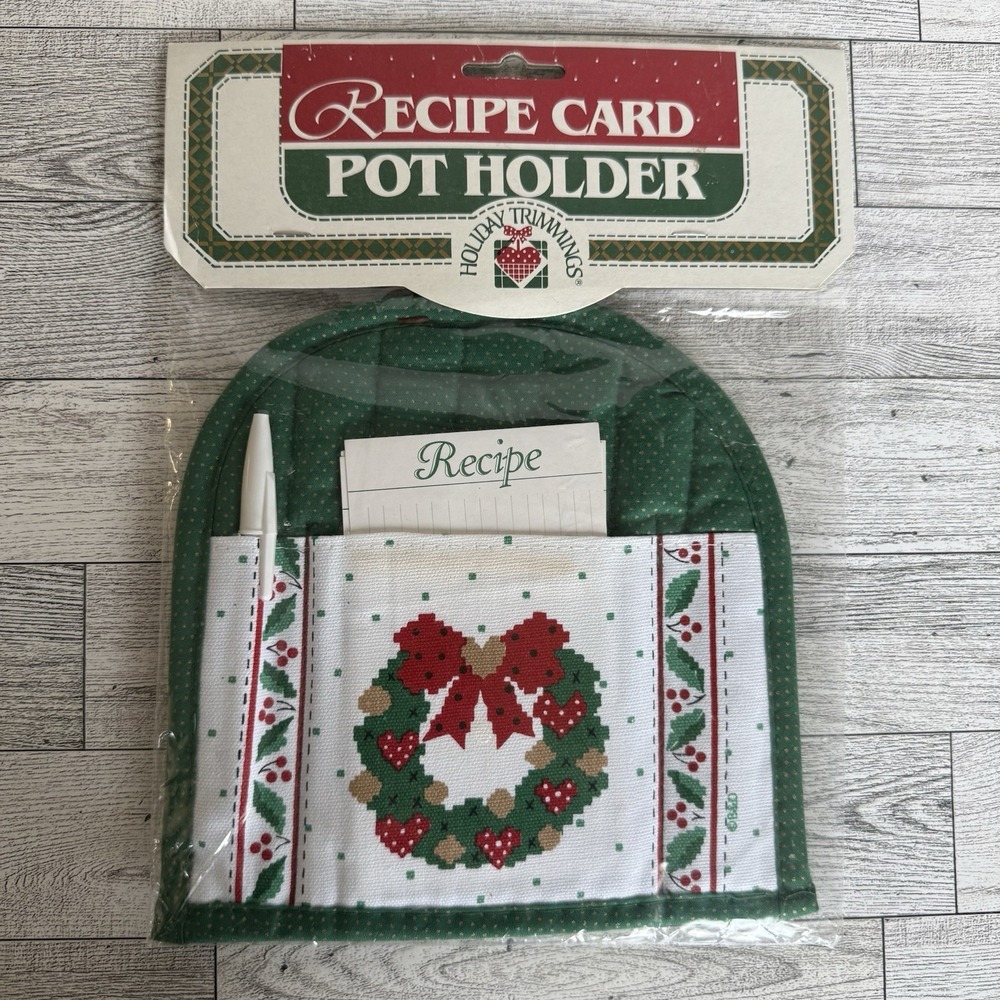 Vintage Pot Holder Christmas Recipe Card Pen Pocket Wreath Green Red White‎ New